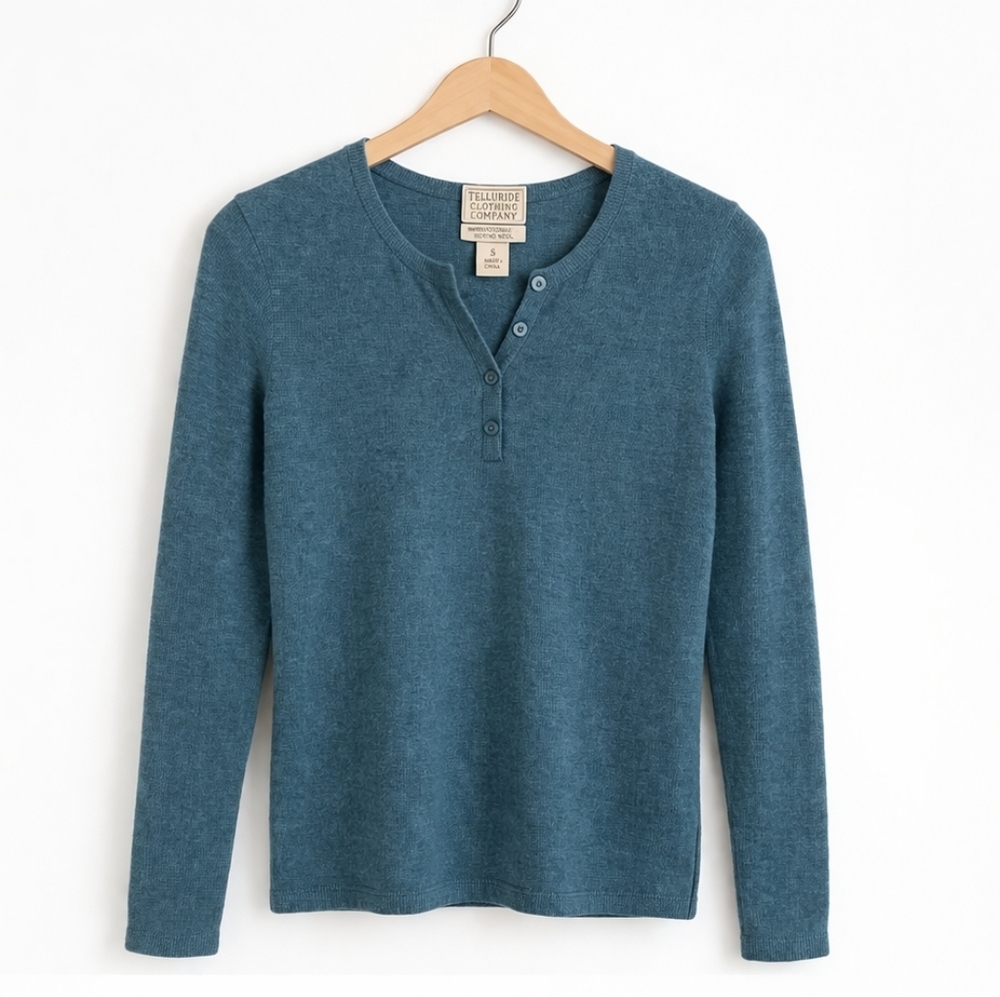 100% Extrafine Merino Wool Sweater Telluride Henley Teal, Fits like XS/S
